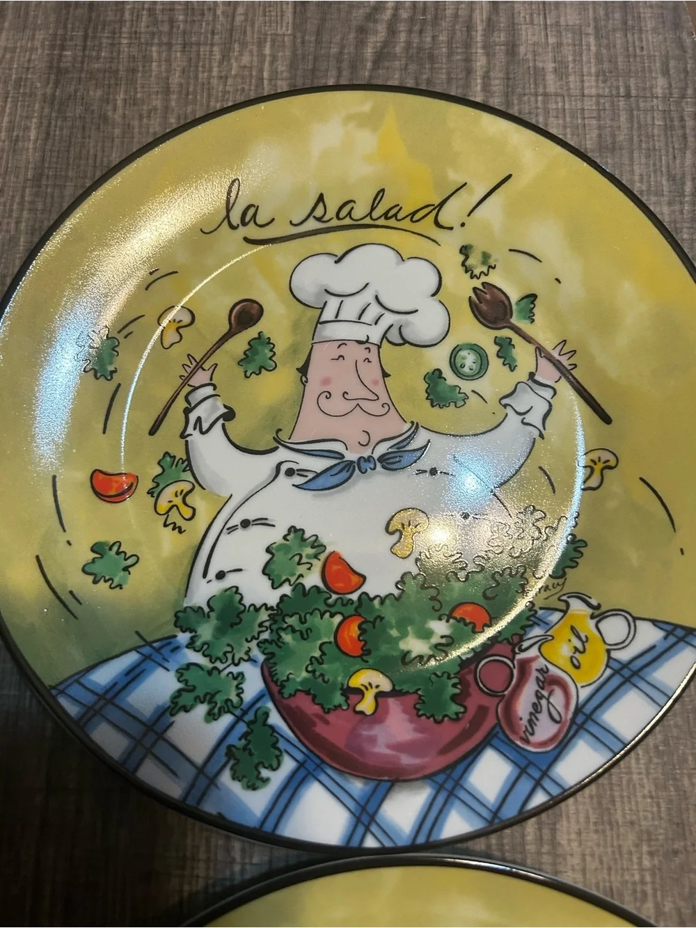 Vintage Mud Pie Tracy Flickenger Bon Appetite Fat Chef Salad/Bread 8” Plate Set